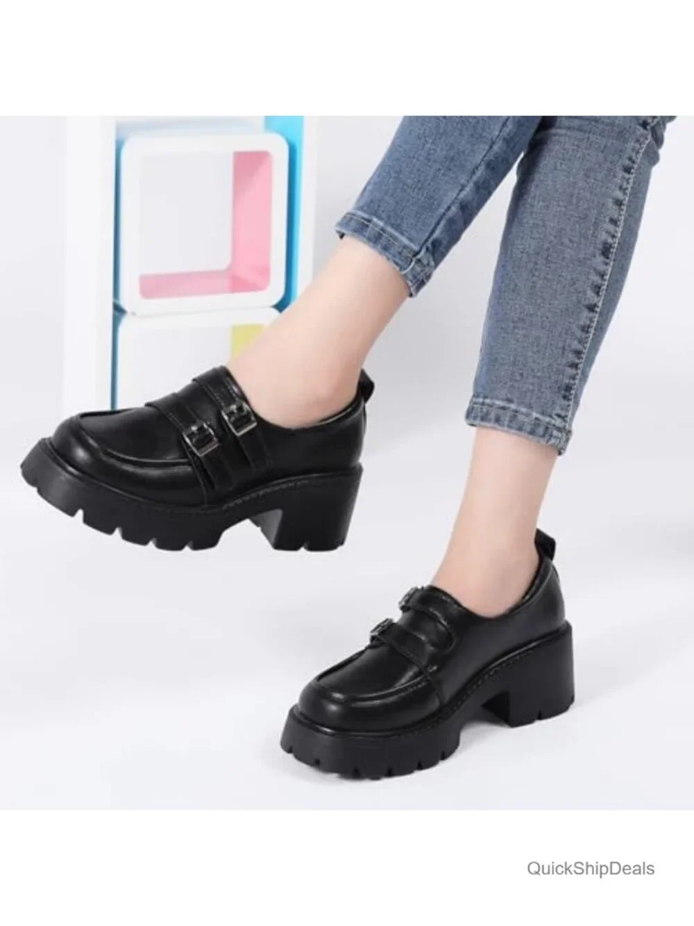 Women's Chunky Platform Loafers Double Buckle Monk Strap Slip On Lug Sole